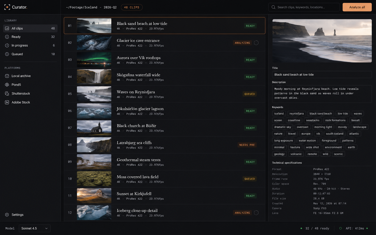 CuratorPro interface, AI metadata workflow tool for video professionals